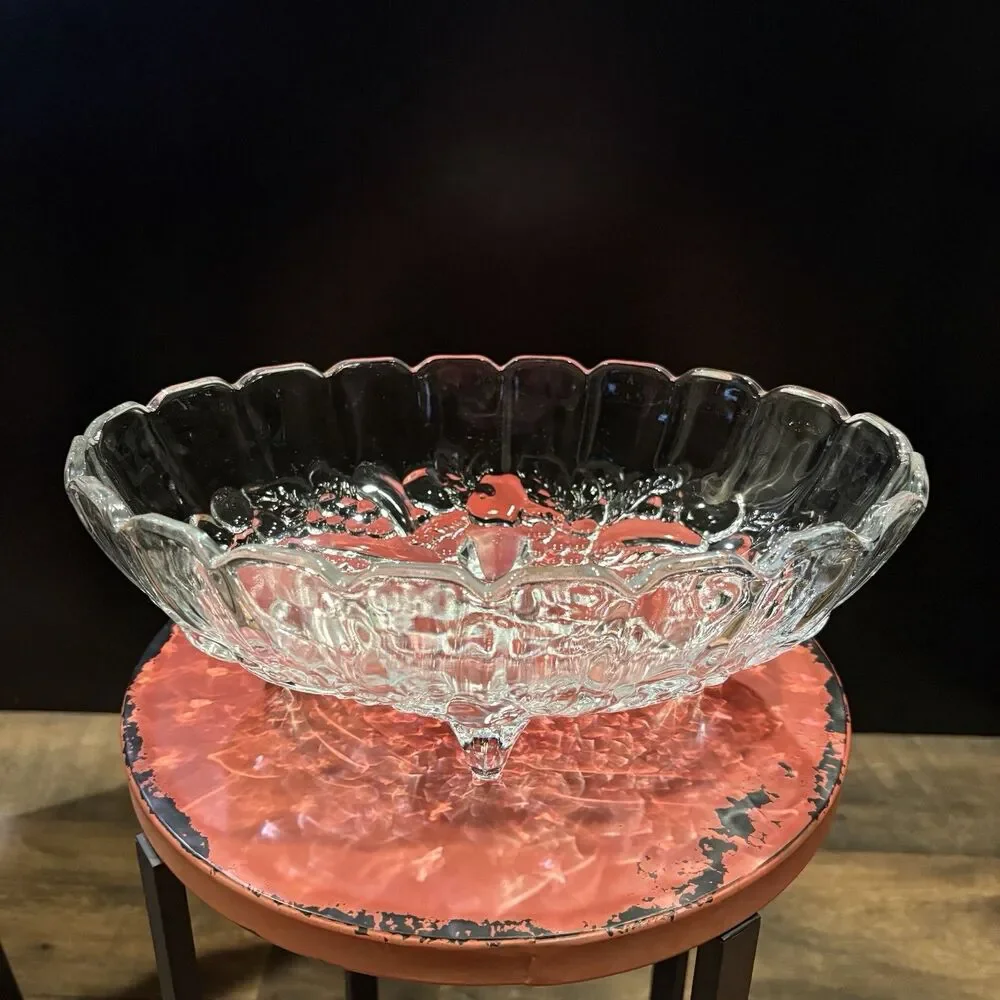Vintage Clear Pressed Glass Footed Fruit Bowl Oval Scalloped 12” Serving Bowl